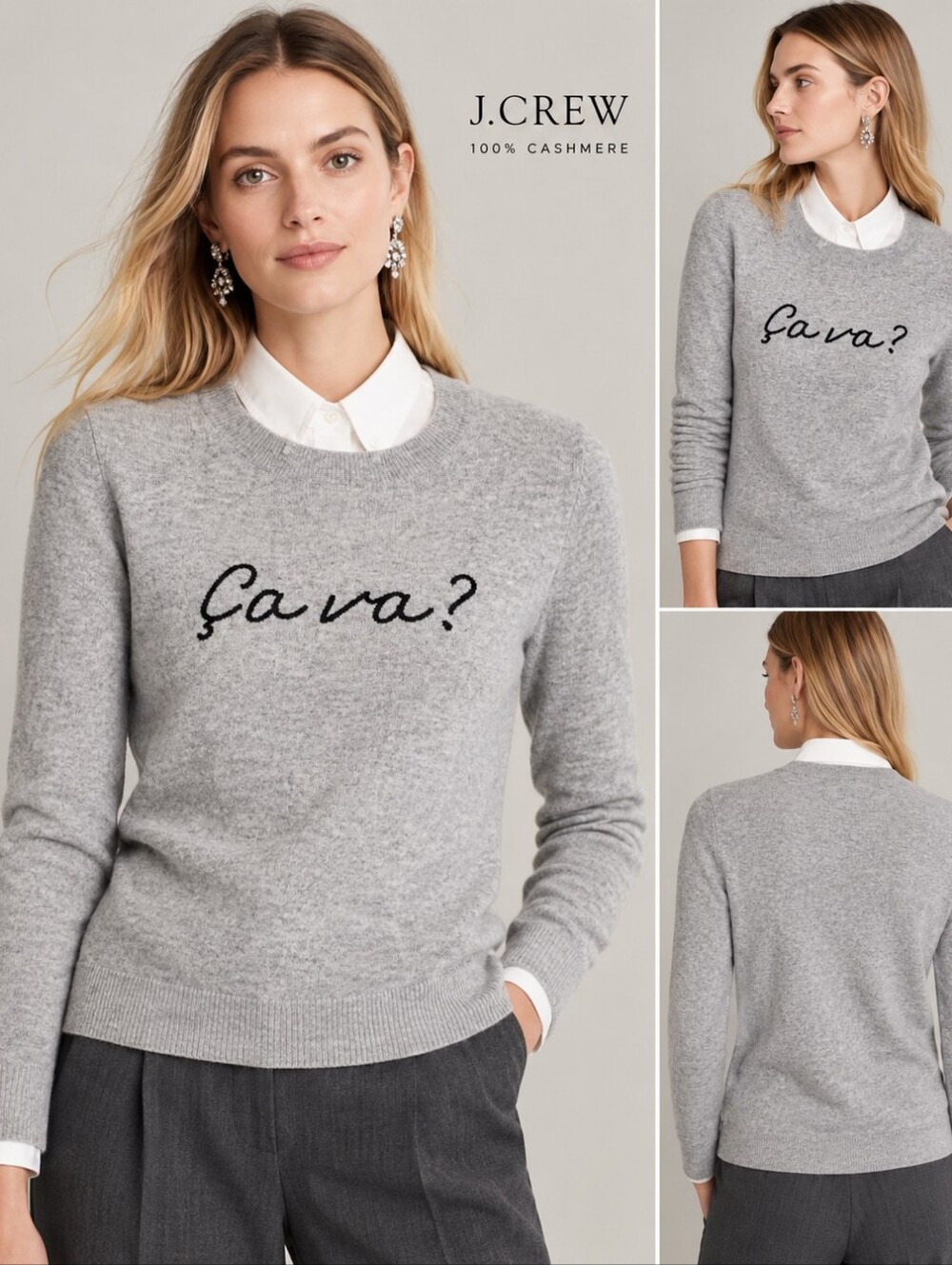 J. Crew 'ça va?' Gray Crewneck Sweater Small 100% Cashmere